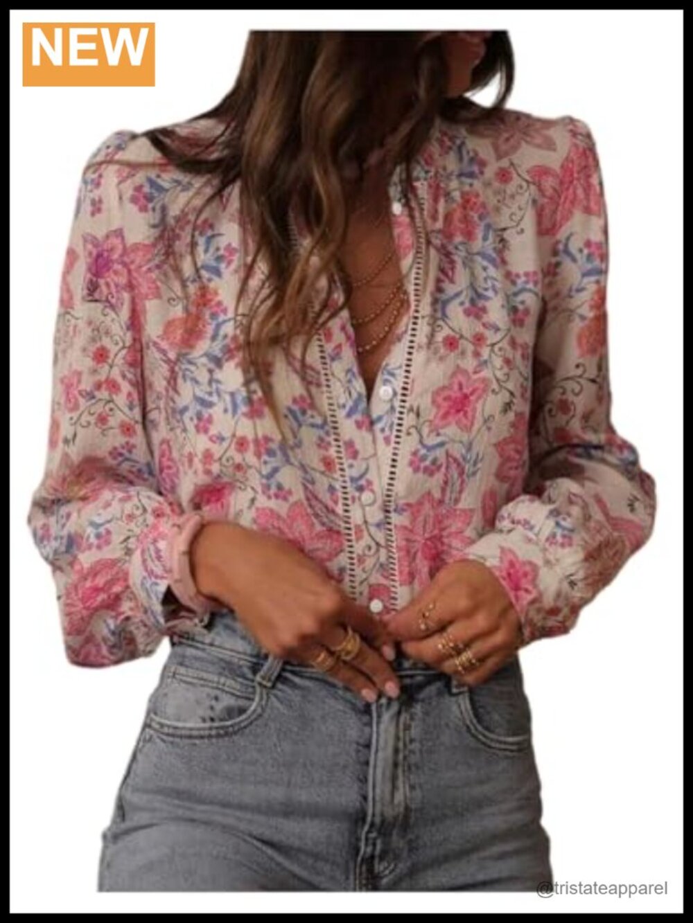 Boho Peasant Blouse Long Sleeve Floral Lace Button Down